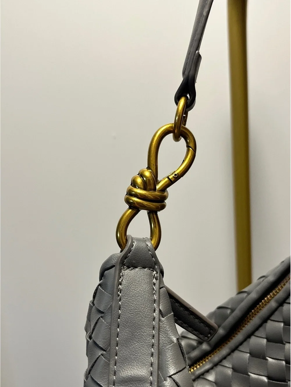 Chic Gray Woven Leather Shoulder Bag with Gold Hardware